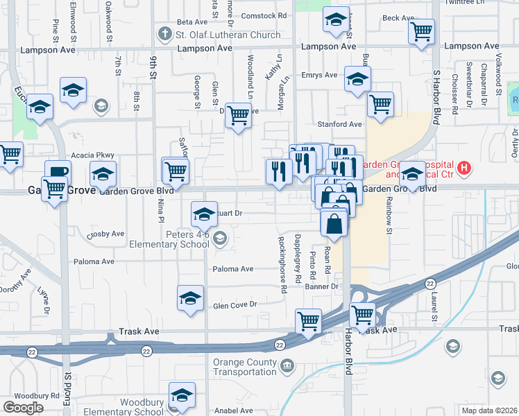 map of restaurants, bars, coffee shops, grocery stores, and more near 11681 Stuart Drive in Garden Grove
