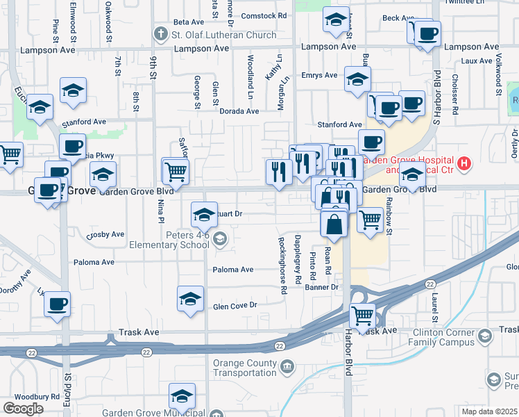 map of restaurants, bars, coffee shops, grocery stores, and more near 11681 Stuart Drive in Garden Grove