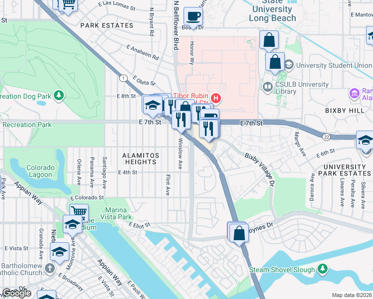 map of restaurants, bars, coffee shops, grocery stores, and more near 545 Manila Avenue in Long Beach