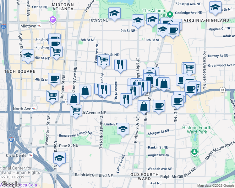 map of restaurants, bars, coffee shops, grocery stores, and more near 687 Durant Place Northeast in Atlanta
