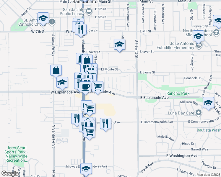 map of restaurants, bars, coffee shops, grocery stores, and more near 1443 Bunker Hill Circle in San Jacinto