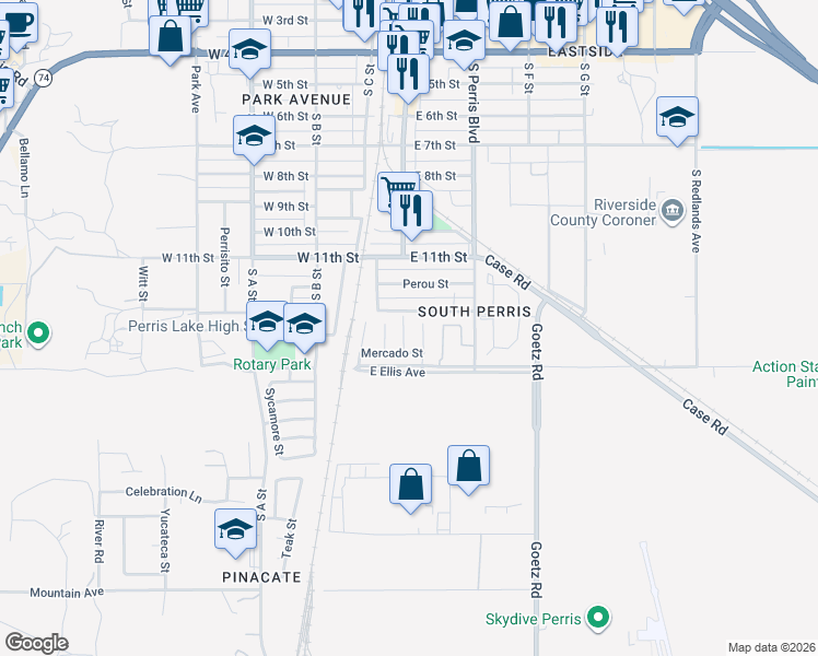 map of restaurants, bars, coffee shops, grocery stores, and more near 1371 Tienda Street in Perris