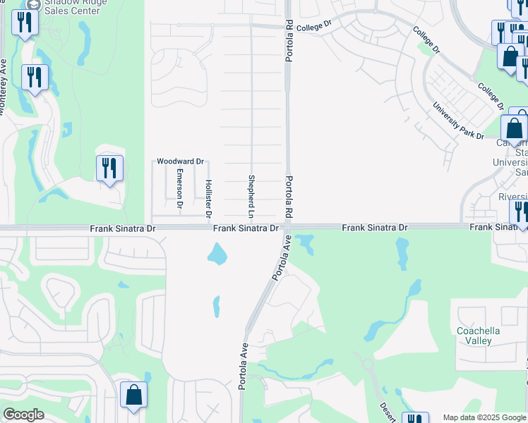 map of restaurants, bars, coffee shops, grocery stores, and more near 74133 University Pointe Court in Palm Desert