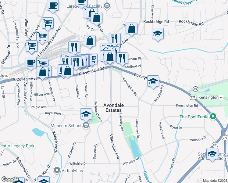 map of restaurants, bars, coffee shops, grocery stores, and more near 14 Clarendon Avenue in Avondale Estates