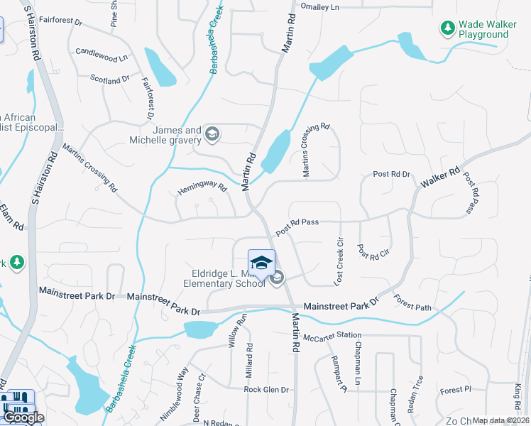 map of restaurants, bars, coffee shops, grocery stores, and more near 5157 Martins Crossing Road in Stone Mountain