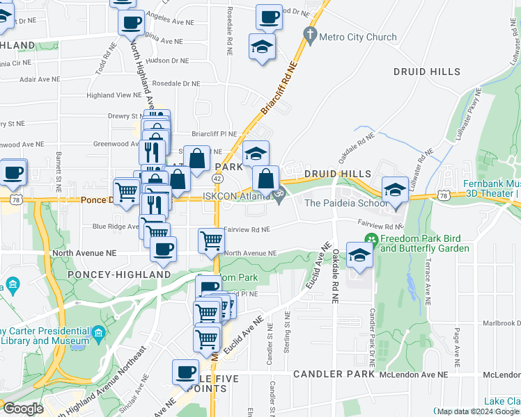 map of restaurants, bars, coffee shops, grocery stores, and more near 1245 South Ponce De Leon Avenue Northeast in Atlanta