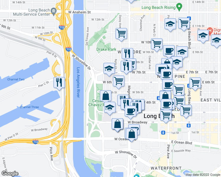 map of restaurants, bars, coffee shops, grocery stores, and more near 726 West 6th Street in Long Beach