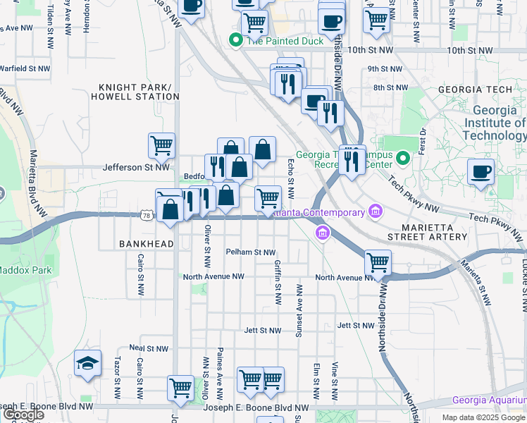 map of restaurants, bars, coffee shops, grocery stores, and more near 2 James P Brawley Drive Northwest in Atlanta