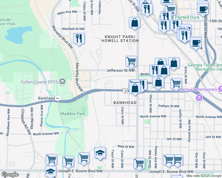 map of restaurants, bars, coffee shops, grocery stores, and more near 1045 Donald Lee Hollowell Parkway Northwest in Atlanta