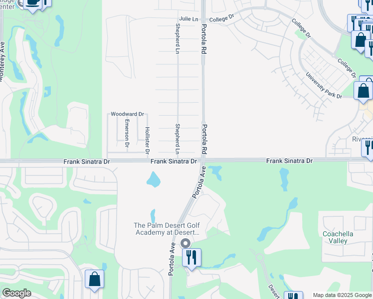 map of restaurants, bars, coffee shops, grocery stores, and more near 74130 Pele Place in Palm Desert