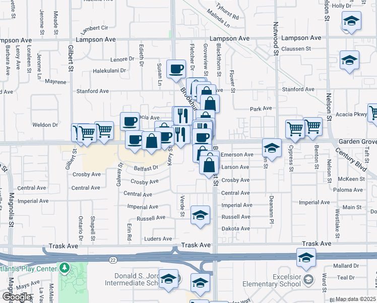 map of restaurants, bars, coffee shops, grocery stores, and more near 10080 Garden Grove Boulevard in Garden Grove