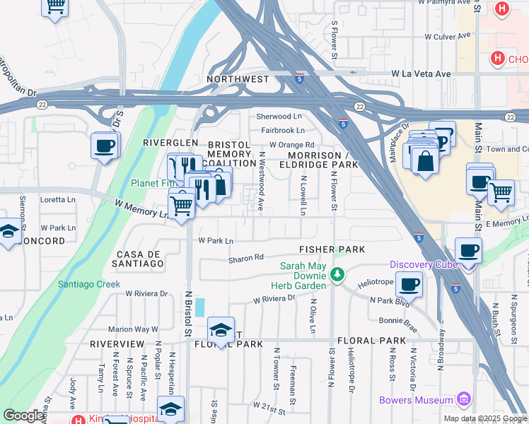map of restaurants, bars, coffee shops, grocery stores, and more near 1025 W Memory Ln in Santa Ana