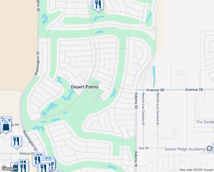 map of restaurants, bars, coffee shops, grocery stores, and more near 78650 Blooming Court in Palm Desert