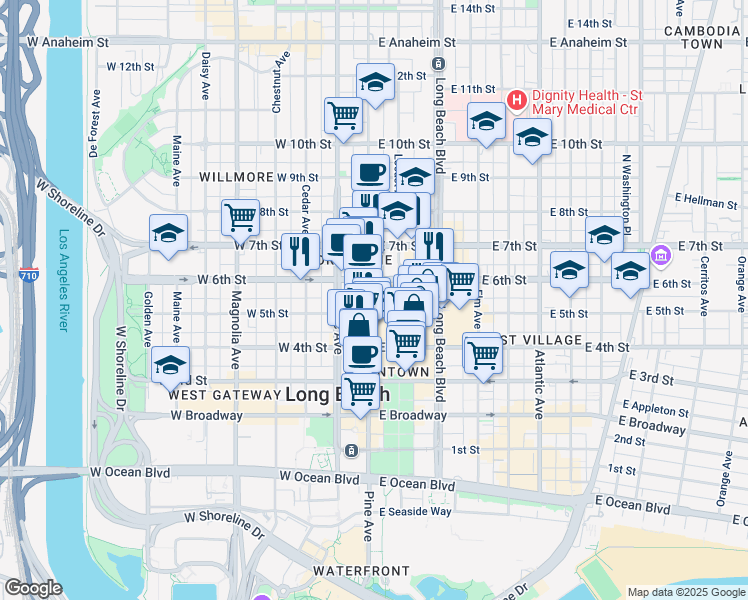 map of restaurants, bars, coffee shops, grocery stores, and more near 595 Pine Avenue in Long Beach
