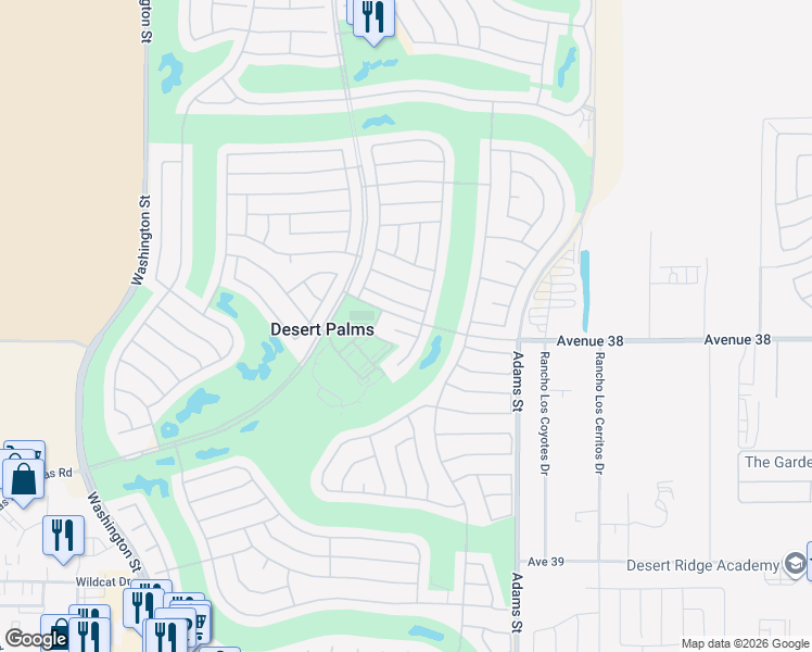 map of restaurants, bars, coffee shops, grocery stores, and more near 78650 Blooming Court in Palm Desert