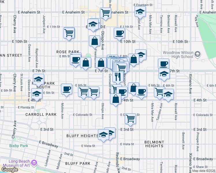 map of restaurants, bars, coffee shops, grocery stores, and more near 539 Coronado Avenue in Long Beach