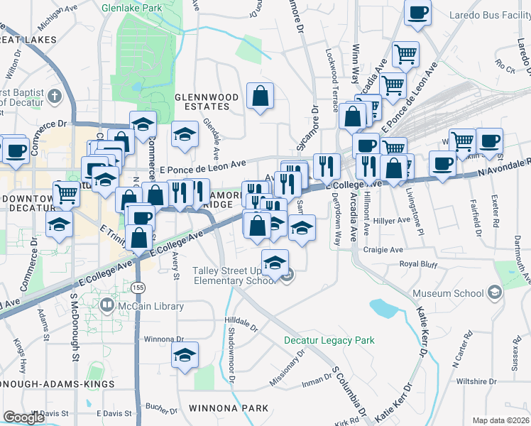 map of restaurants, bars, coffee shops, grocery stores, and more near 121 New St in Decatur