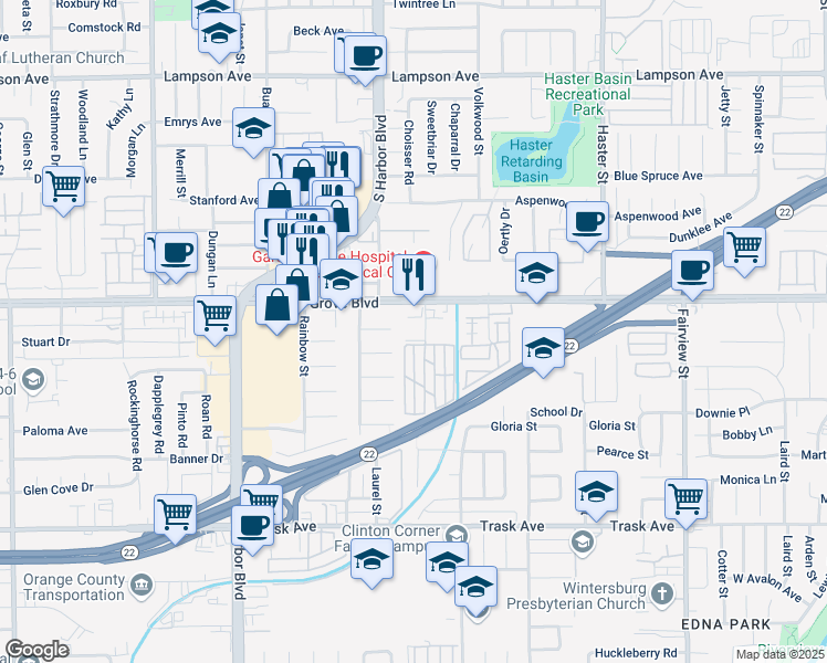map of restaurants, bars, coffee shops, grocery stores, and more near 12572 Garden Grove Boulevard in Garden Grove