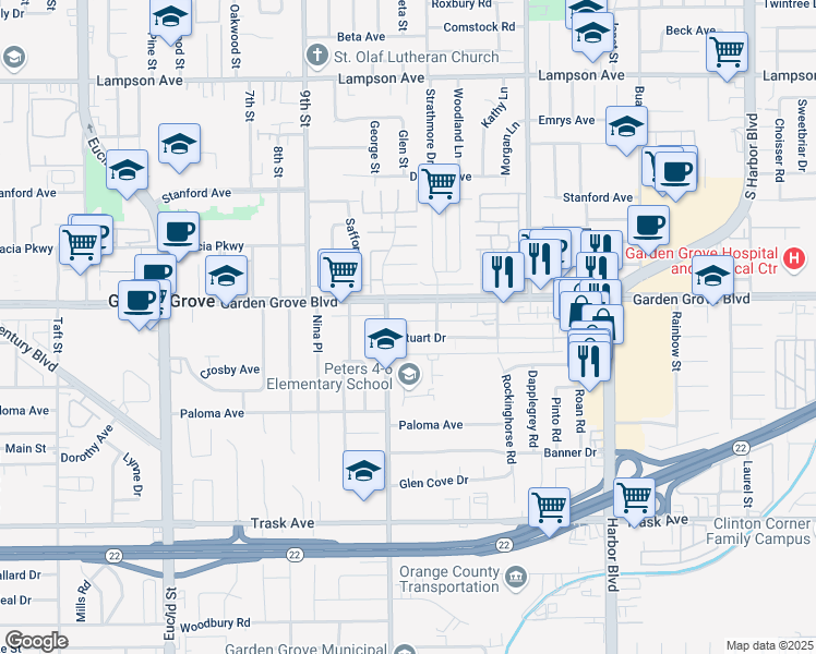 map of restaurants, bars, coffee shops, grocery stores, and more near 11702 Garden Grove Boulevard in Garden Grove