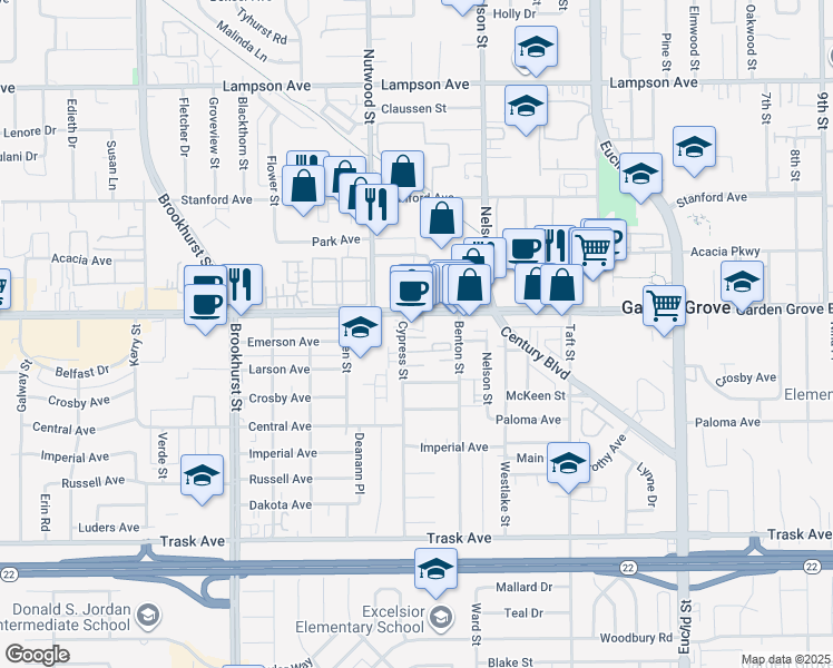 map of restaurants, bars, coffee shops, grocery stores, and more near 10592 Garden Grove Boulevard in Garden Grove
