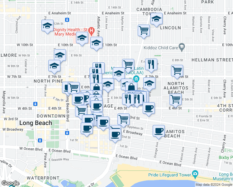 map of restaurants, bars, coffee shops, grocery stores, and more near in Long Beach