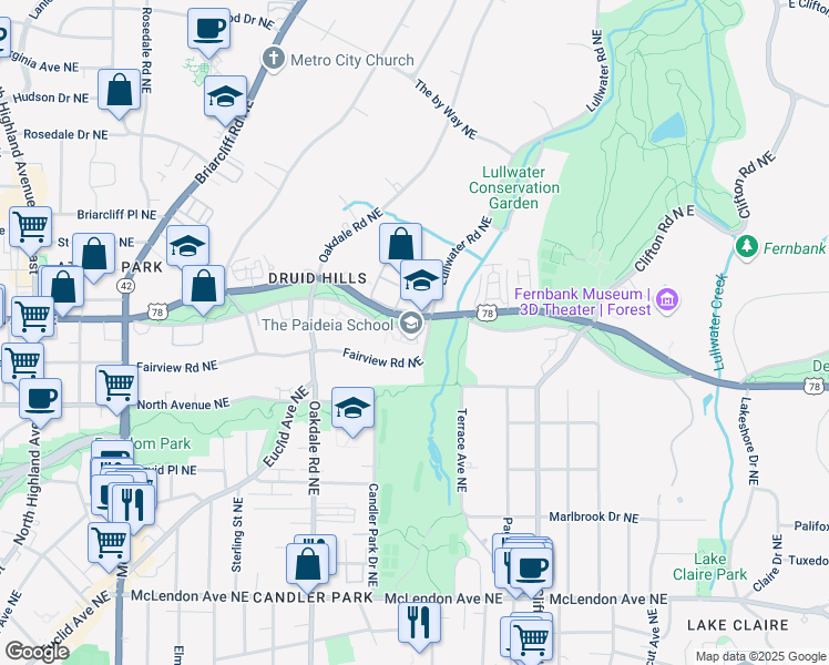 map of restaurants, bars, coffee shops, grocery stores, and more near 18 Lullwater Place Northeast in Atlanta