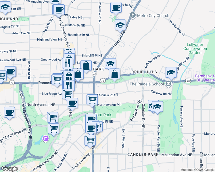 map of restaurants, bars, coffee shops, grocery stores, and more near 1247 Ponce De Leon Avenue Northeast in Atlanta