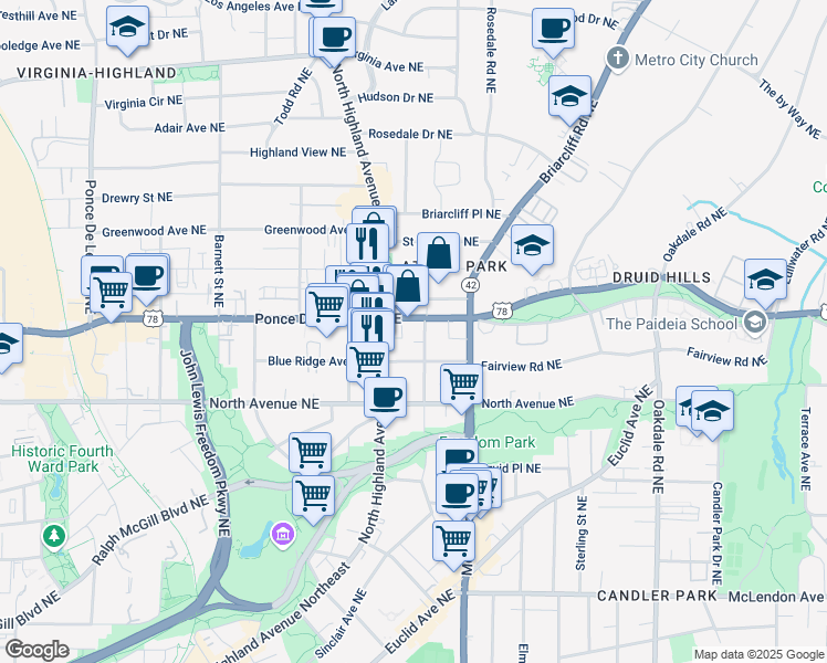 map of restaurants, bars, coffee shops, grocery stores, and more near 1107 Ponce De Leon Avenue Northeast in Atlanta