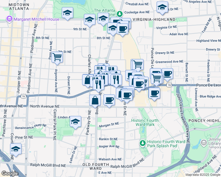 map of restaurants, bars, coffee shops, grocery stores, and more near 494 Ponce De Leon Avenue Northeast in Atlanta