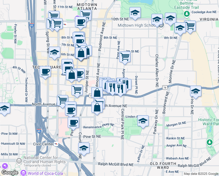 map of restaurants, bars, coffee shops, grocery stores, and more near in Atlanta