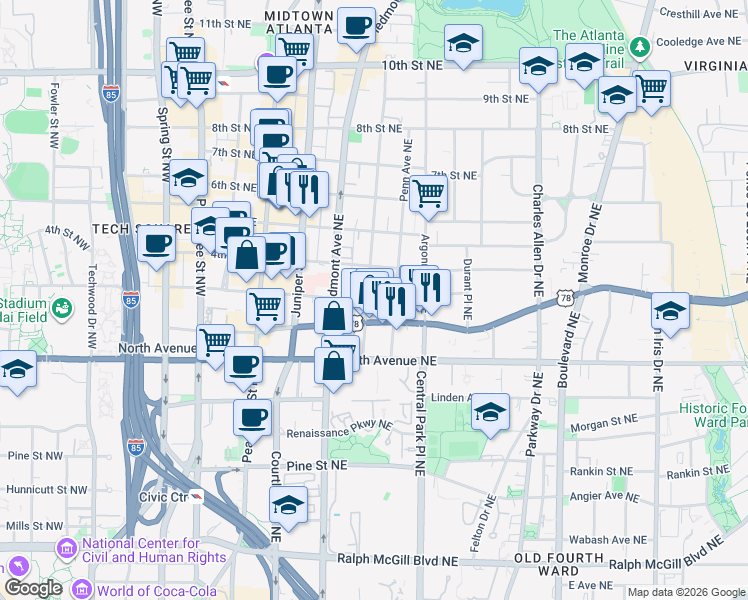map of restaurants, bars, coffee shops, grocery stores, and more near 689 Myrtle Street Northeast in Atlanta