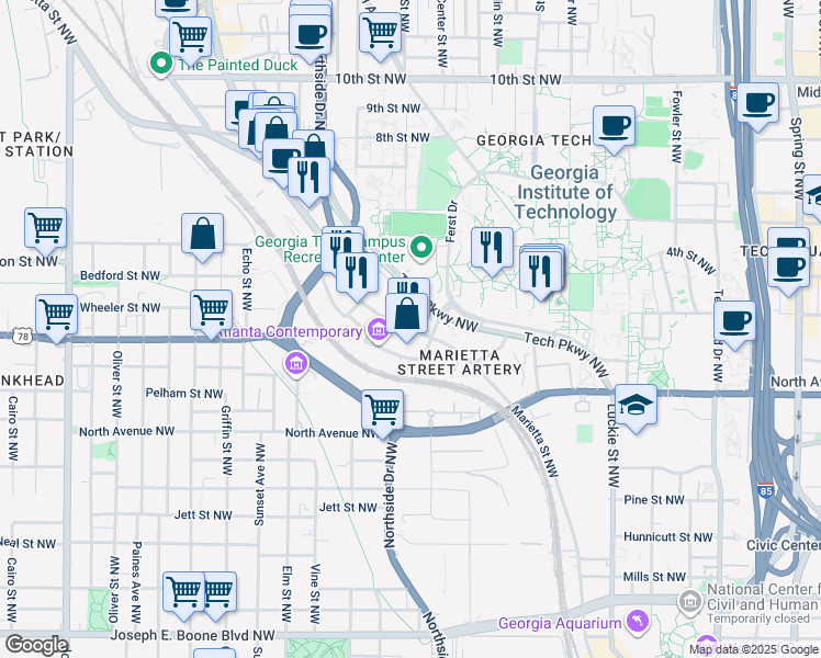 map of restaurants, bars, coffee shops, grocery stores, and more near 755 Marietta Street NorthWest in Atlanta