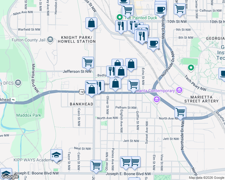 map of restaurants, bars, coffee shops, grocery stores, and more near 702 Oliver Street Northwest in Atlanta