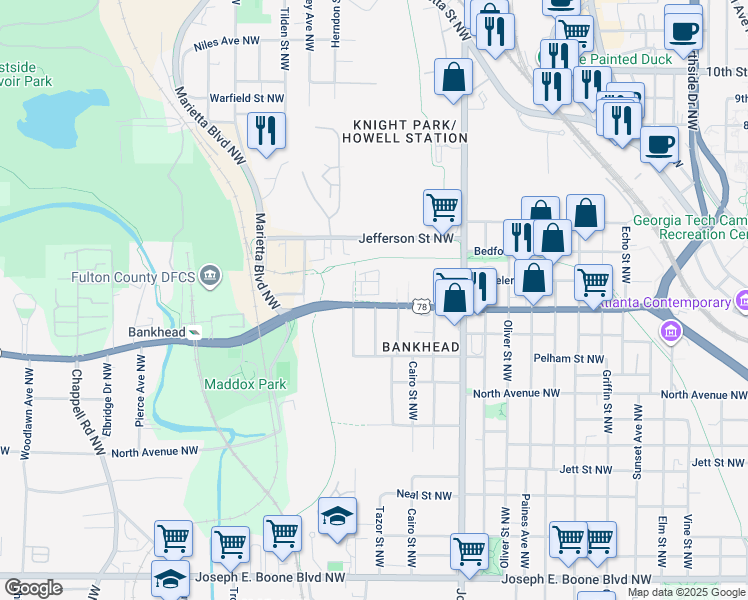 map of restaurants, bars, coffee shops, grocery stores, and more near 1045 Donald Lee Hollowell Parkway Northwest in Atlanta