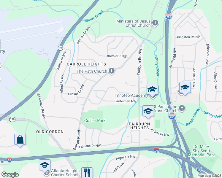 map of restaurants, bars, coffee shops, grocery stores, and more near 3453 Adkins Road Northwest in Atlanta
