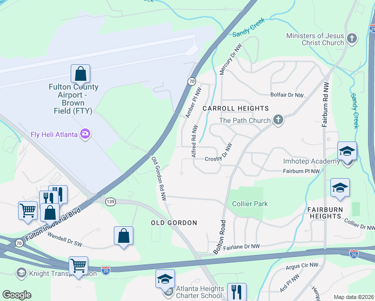 map of restaurants, bars, coffee shops, grocery stores, and more near 710 Alfred Road Northwest in Atlanta
