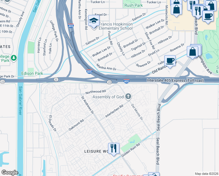 map of restaurants, bars, coffee shops, grocery stores, and more near 1581 Northwood Road in Seal Beach