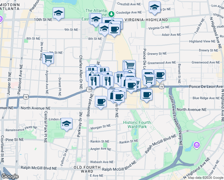 map of restaurants, bars, coffee shops, grocery stores, and more near 548 Ponce De Leon Avenue Northeast in Atlanta