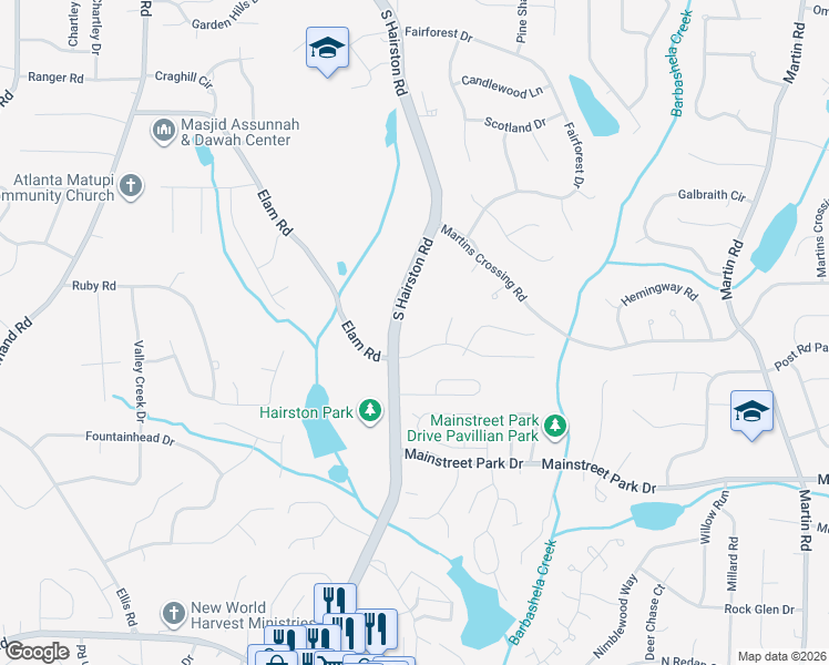 map of restaurants, bars, coffee shops, grocery stores, and more near 814 South Hairston Road in Stone Mountain