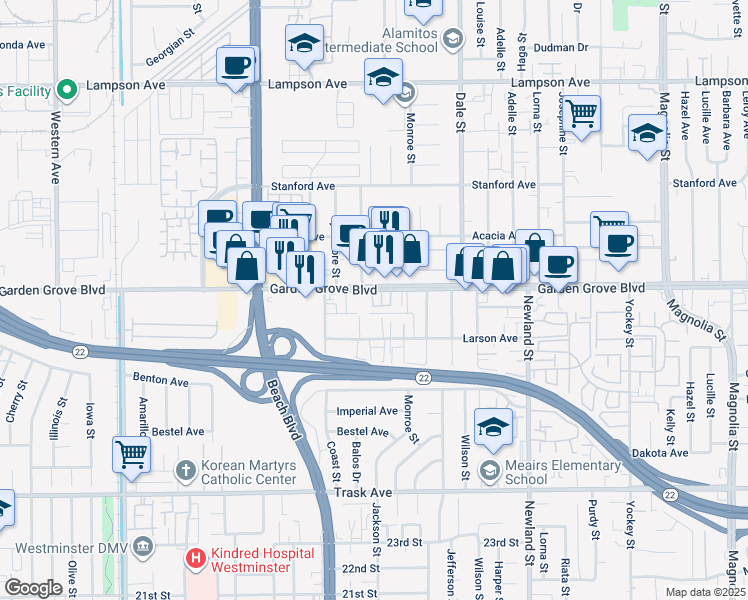 map of restaurants, bars, coffee shops, grocery stores, and more near 8257 Golden Circle Street in Garden Grove
