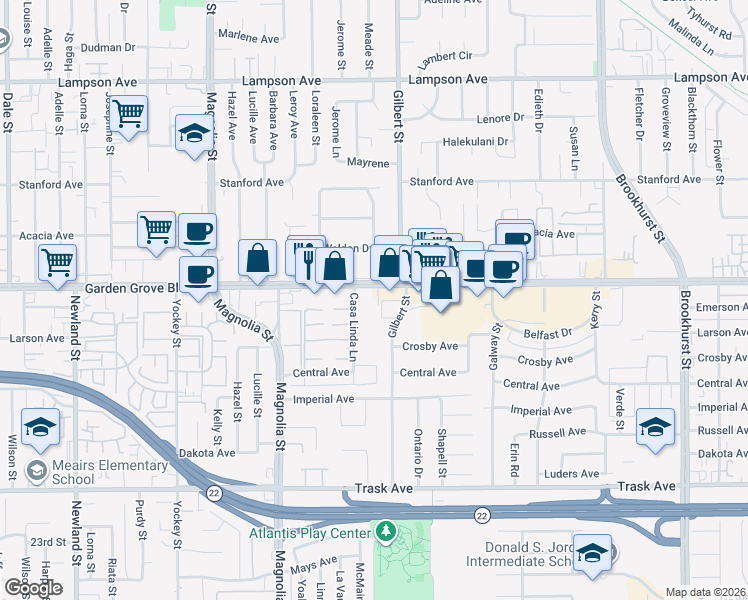 map of restaurants, bars, coffee shops, grocery stores, and more near in Garden Grove