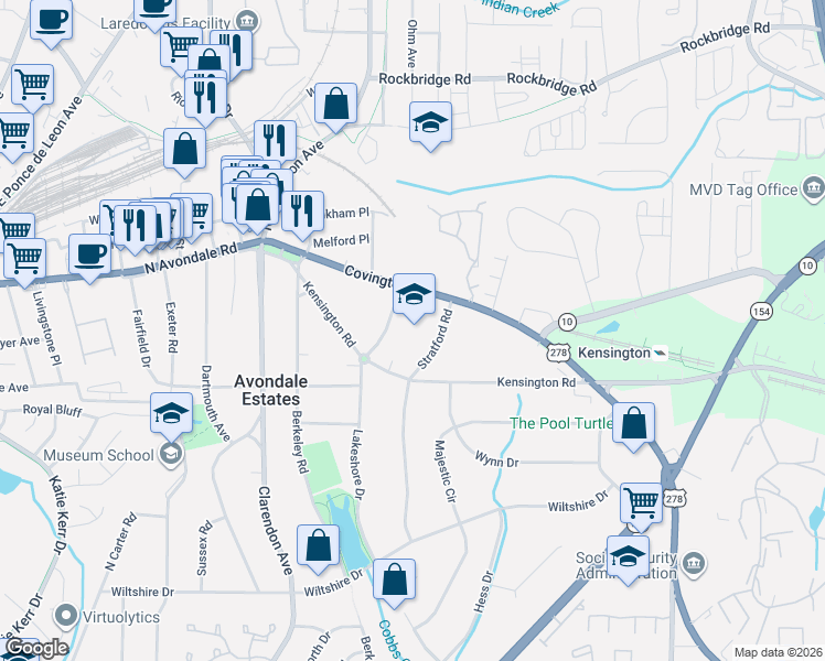 map of restaurants, bars, coffee shops, grocery stores, and more near 10 Lakeshore Dr in Avondale Est