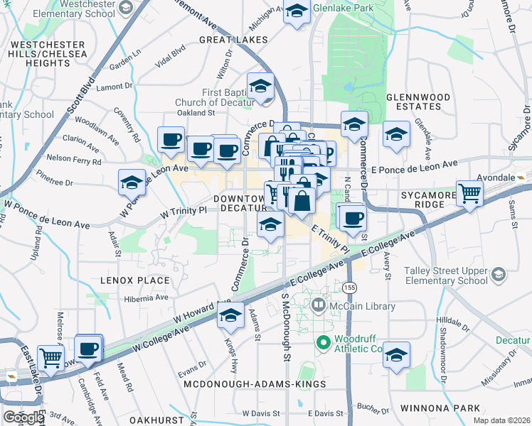 map of restaurants, bars, coffee shops, grocery stores, and more near 122 West Trinity Place in Decatur