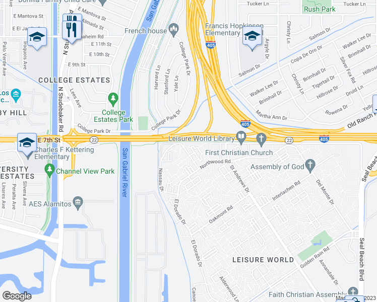 map of restaurants, bars, coffee shops, grocery stores, and more near 13040 Oak Hills Drive in Seal Beach