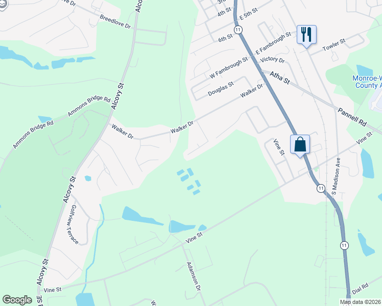 map of restaurants, bars, coffee shops, grocery stores, and more near 1337 Creek View Drive in Monroe