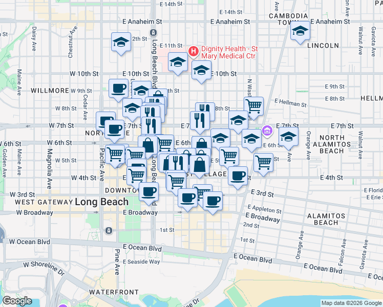 map of restaurants, bars, coffee shops, grocery stores, and more near 553 Linden Avenue in Long Beach