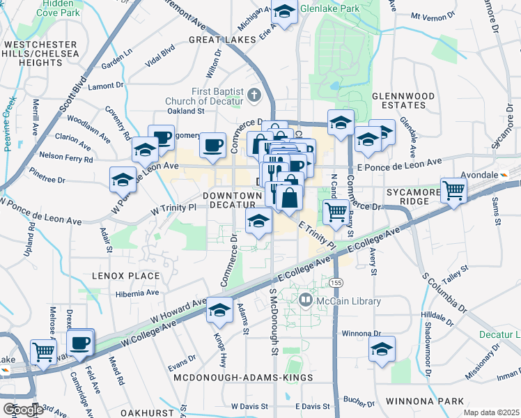 map of restaurants, bars, coffee shops, grocery stores, and more near 122 West Trinity Place in Decatur