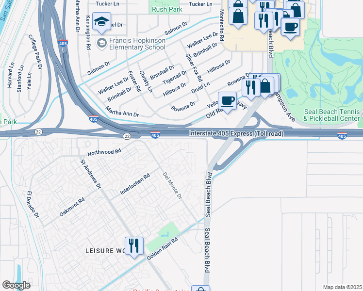 map of restaurants, bars, coffee shops, grocery stores, and more near in Seal Beach