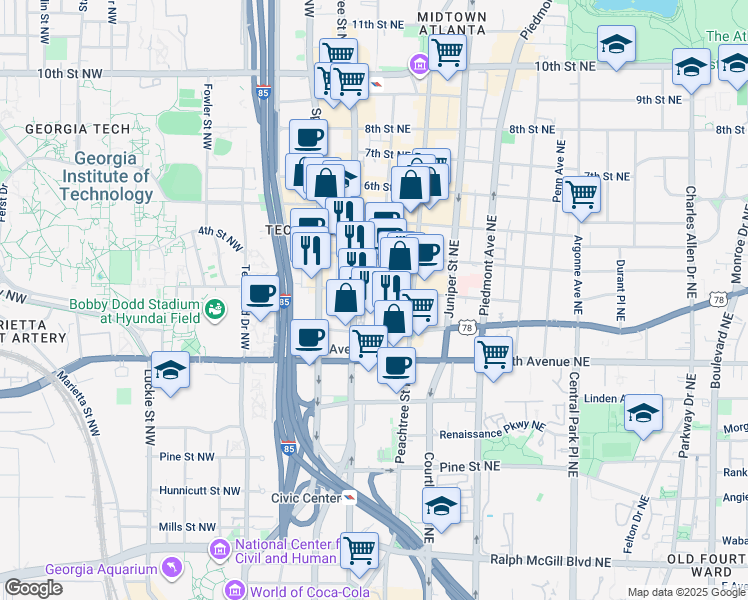 map of restaurants, bars, coffee shops, grocery stores, and more near 693 West Peachtree Street Northwest in Atlanta