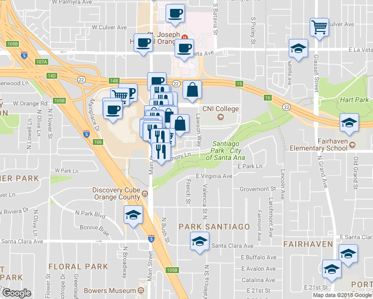 map of restaurants, bars, coffee shops, grocery stores, and more near 341 East Memory Lane in Santa Ana